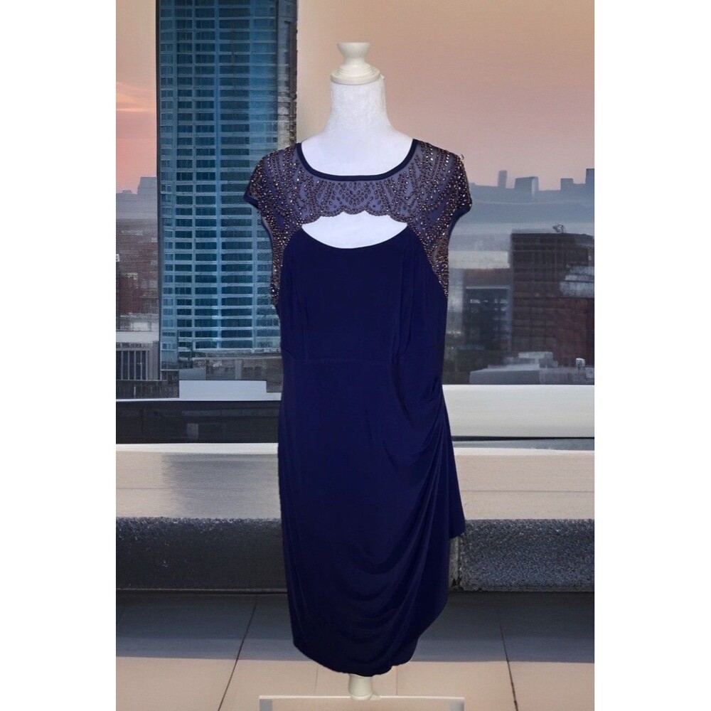 MSK Woman Midnight Blue Beaded Mesh Party Cocktail Dress Size 16W NWT